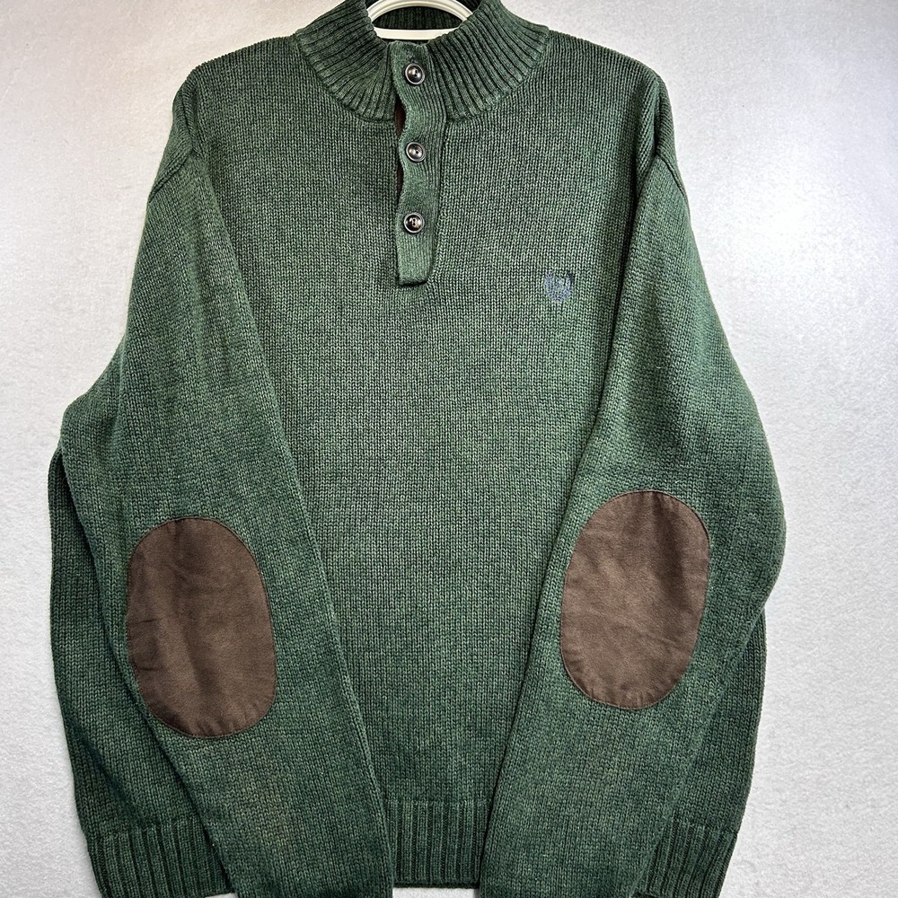 Chaps Ralph Lauren Patchwork Sleeves Sweater Green Button Neck Size L